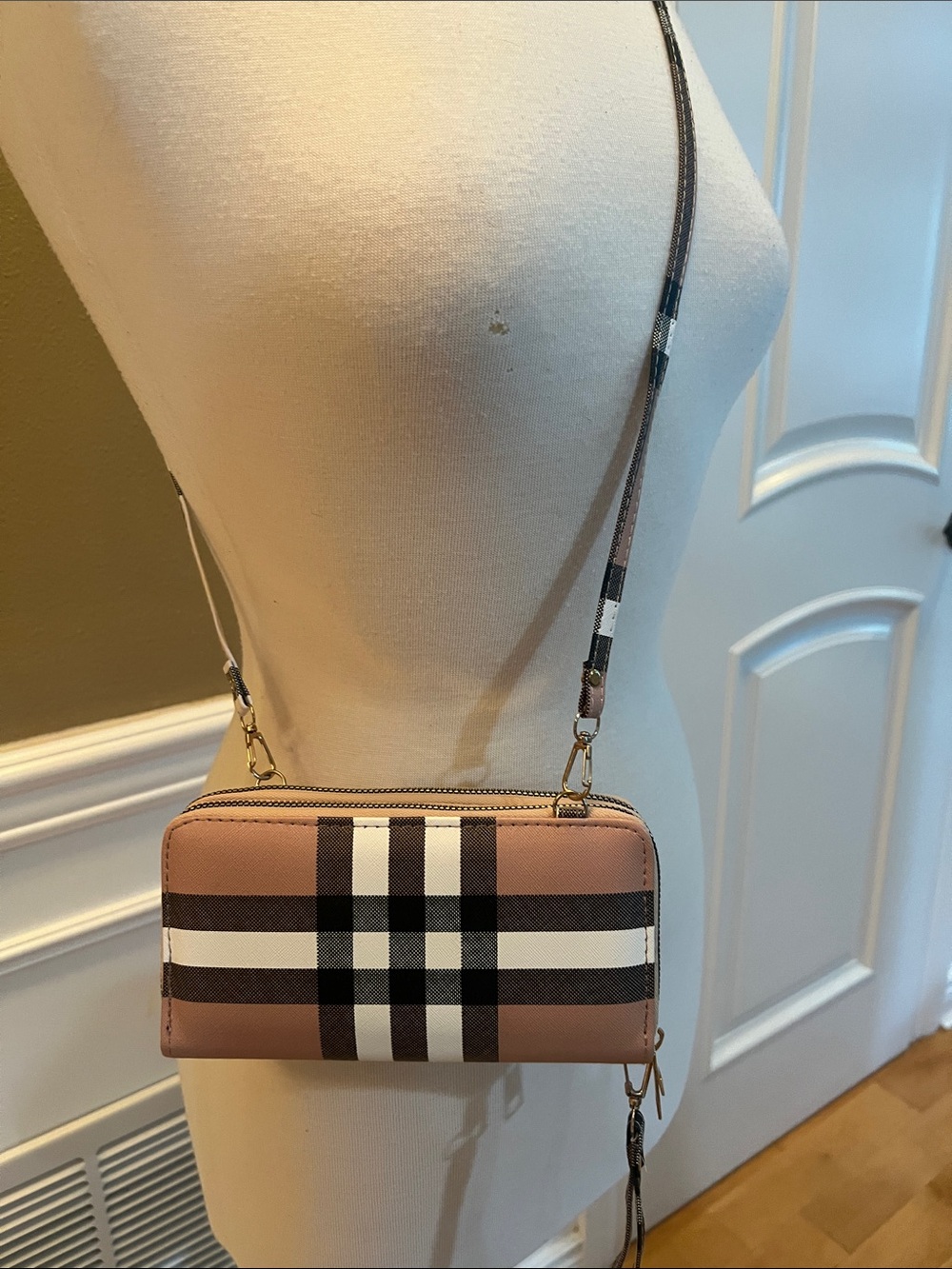 Plaid Blush Crossbody Wallet with Detachable Strap